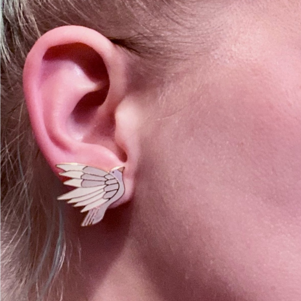 Vintage Laurel Burch Celeste Clip On Enamel bird earrings. Lavender, cream, gold